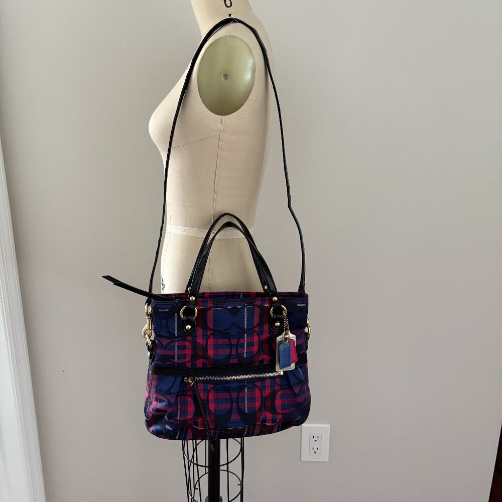 Coach Poppy 2way Shoulder Bag Red Blue Tartan Plaid Signature Canvas Patent Trim